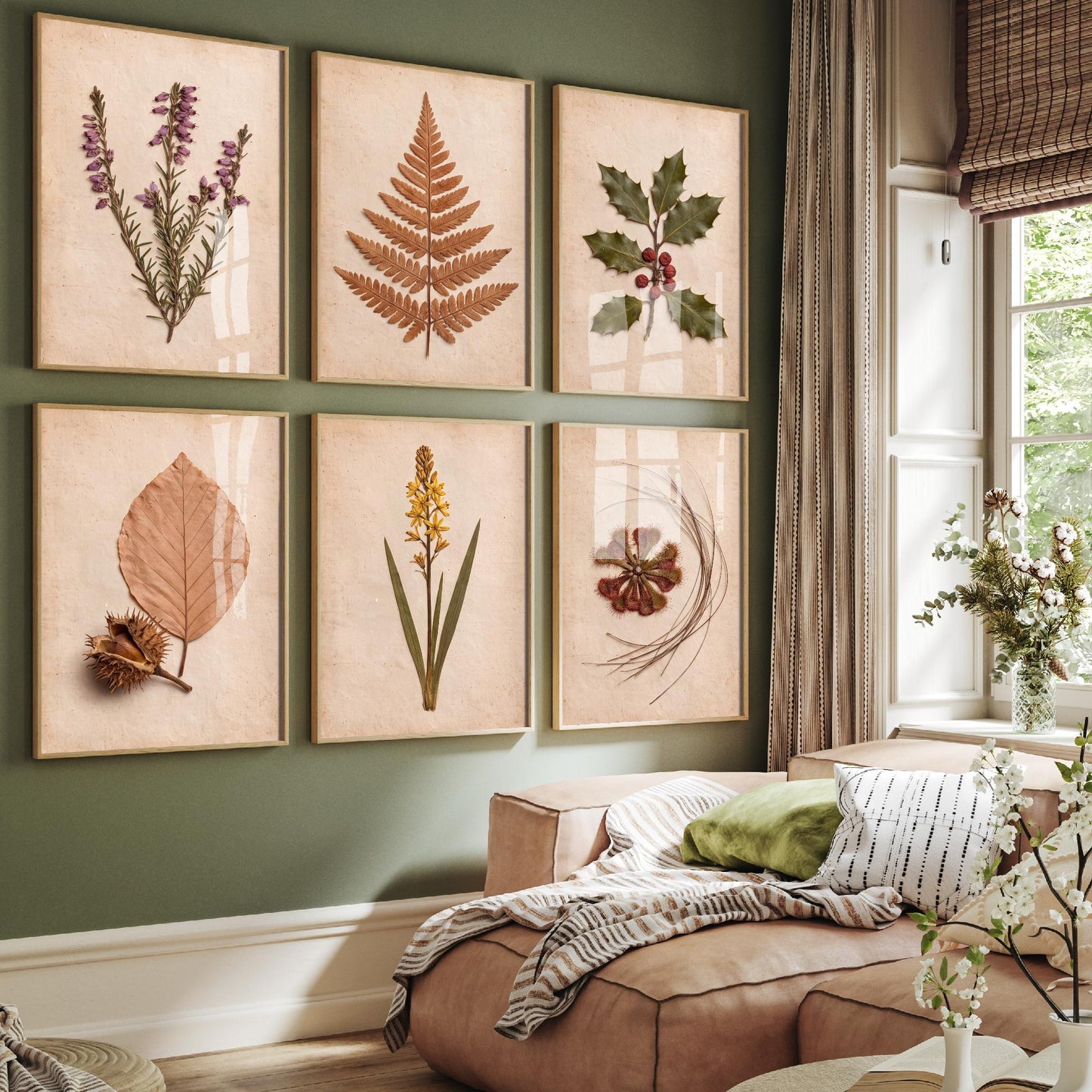Set of Six New Forest Pressed Botanical Art Prints - 6 Heathland Photo Posters - Heather, Bracken, Holly, Sundew, Bog Asphodel, Beech Nut