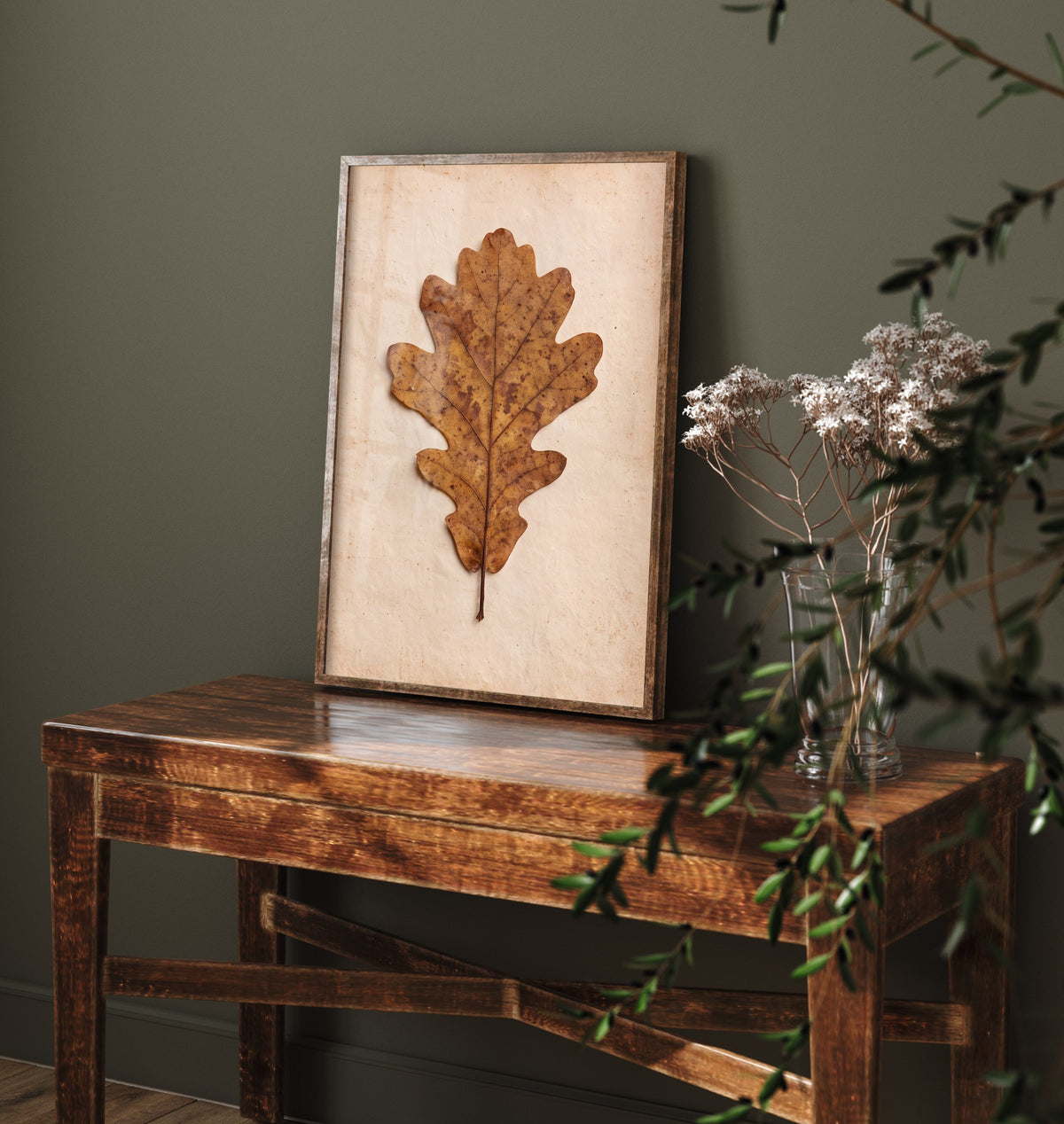 Pressed Oak Leaf Art Print - Vintage Autumn Herbarium Photo - Rustic Neutral Botanical Poster 1/3