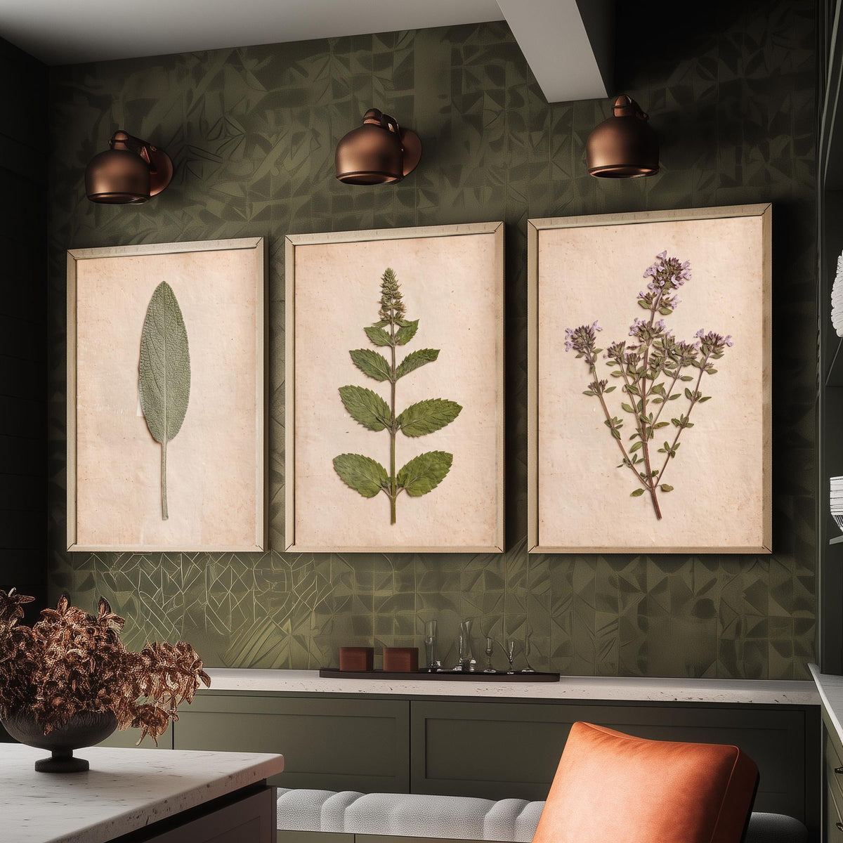 Pressed Herbs Set of Three Art Prints - Sage Mint Thyme - Vintage Kitchen Herbarium Poster Photo