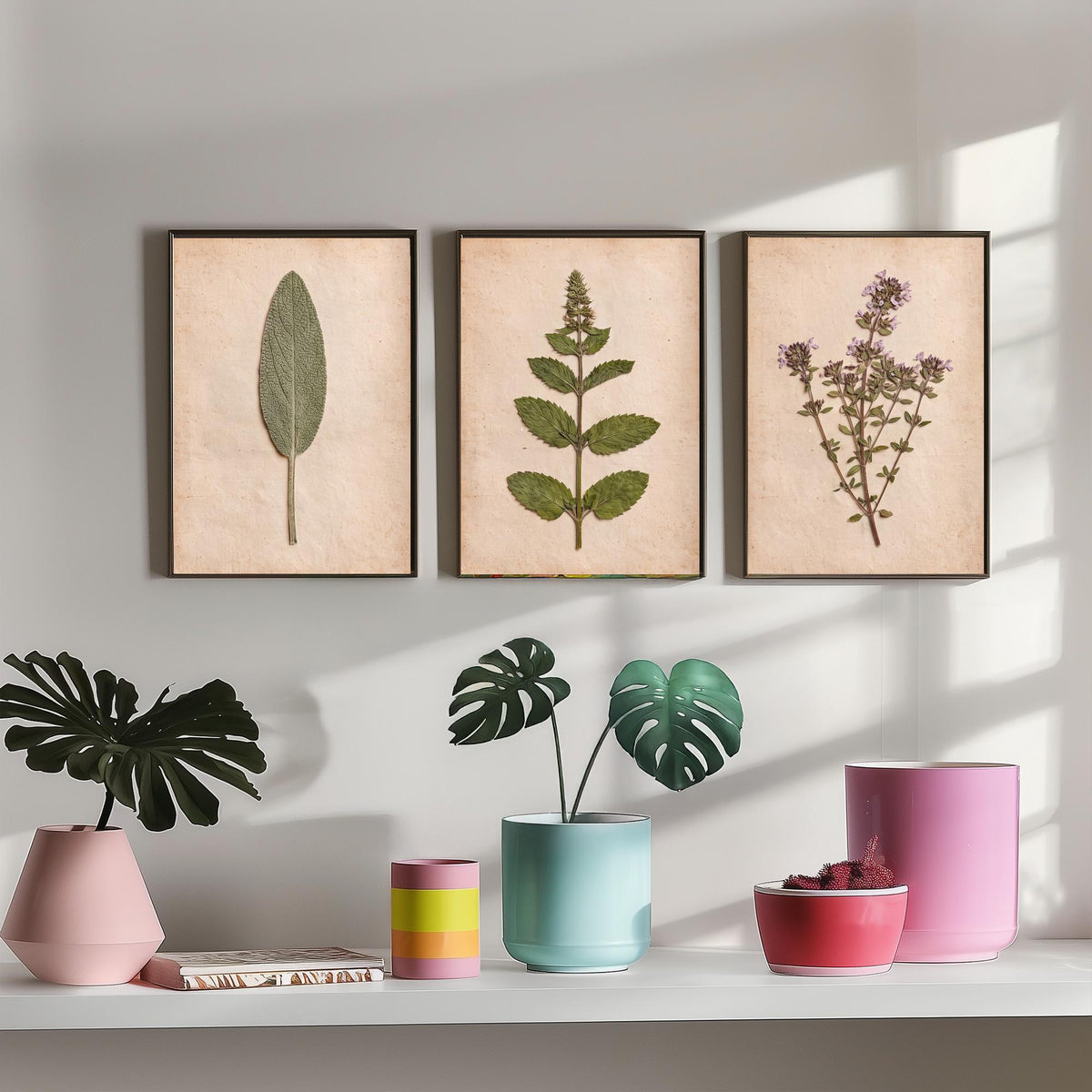 Pressed Herbs Set of Three Art Prints - Sage Mint Thyme - Vintage Kitchen Herbarium Poster Photo