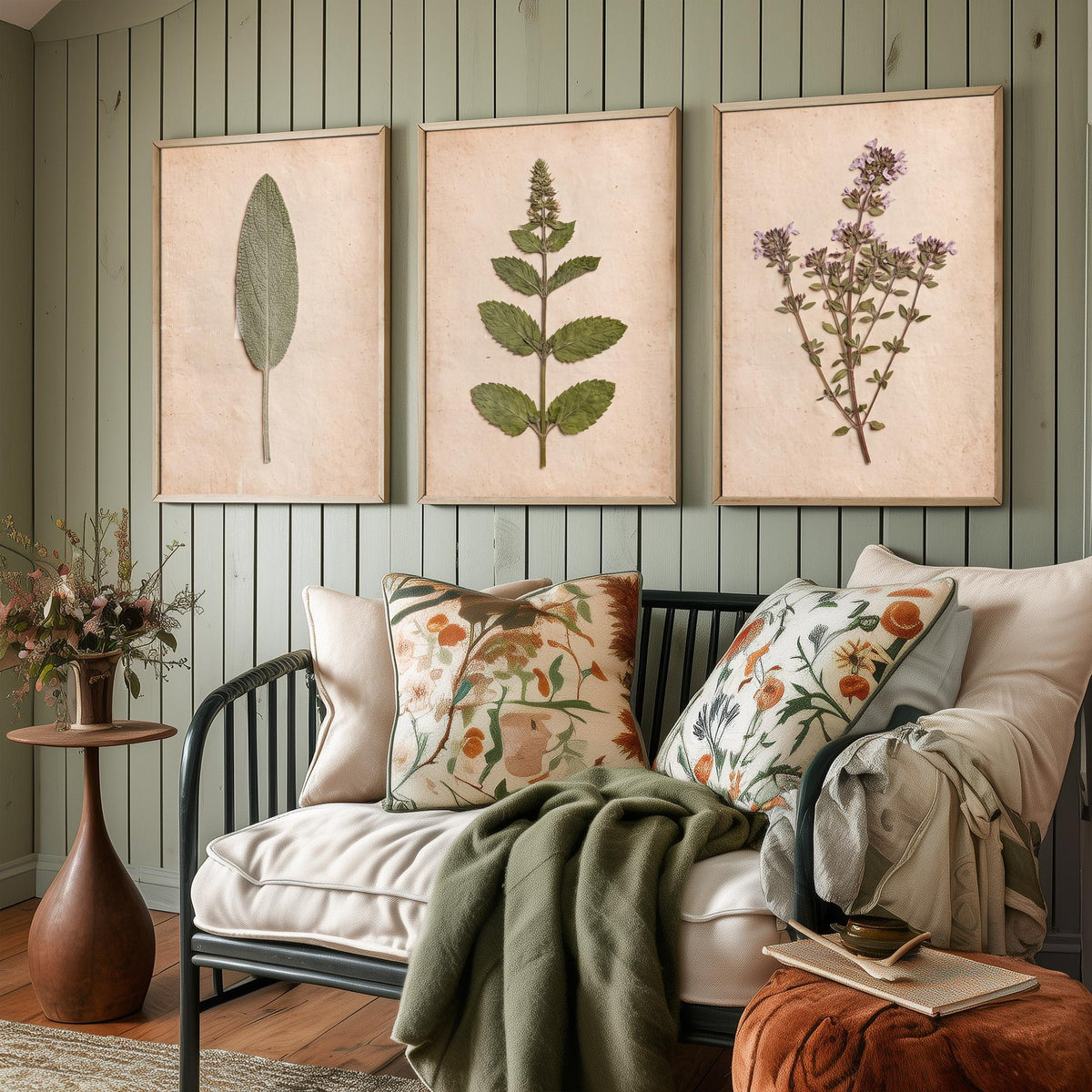 Pressed Herbs Set of Three Art Prints - Sage Mint Thyme - Vintage Kitchen Herbarium Poster Photo