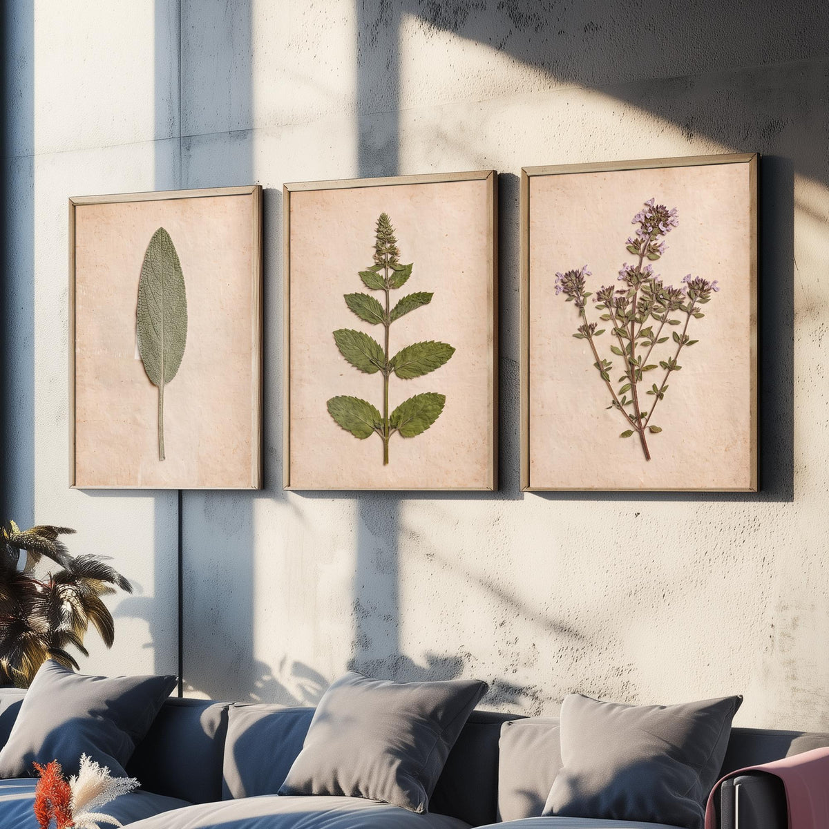 Pressed Herbs Set of Three Art Prints - Sage Mint Thyme - Vintage Kitchen Herbarium Poster Photo