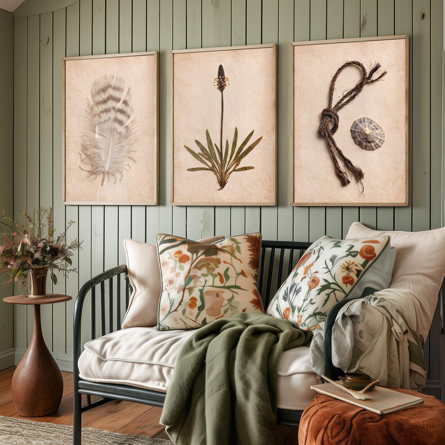 Shetland Beachcombing Set of Three Art Prints - Feather Sea Plantain Fishing Twine and Limpet Shells - Coastal Herbarium Poster Photo