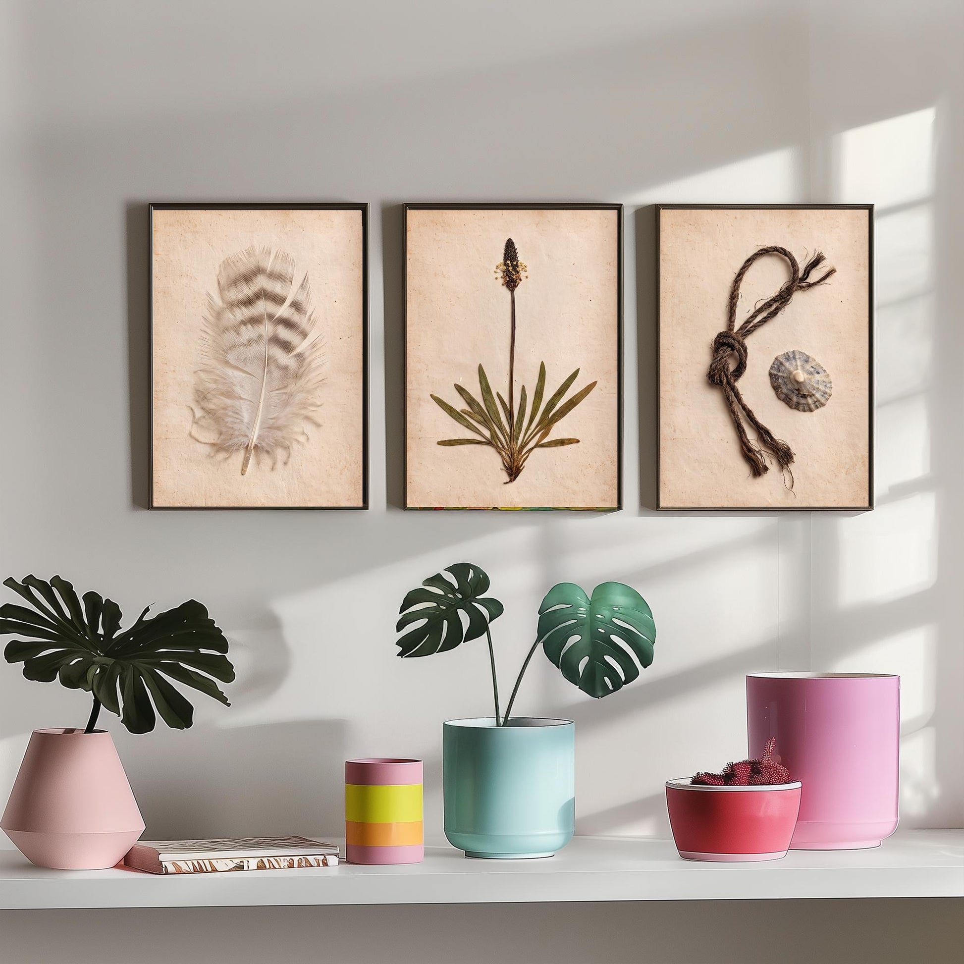 Shetland Beachcombing Set of Three Art Prints - Feather Sea Plantain Fishing Twine and Limpet Shells - Coastal Herbarium Poster Photo