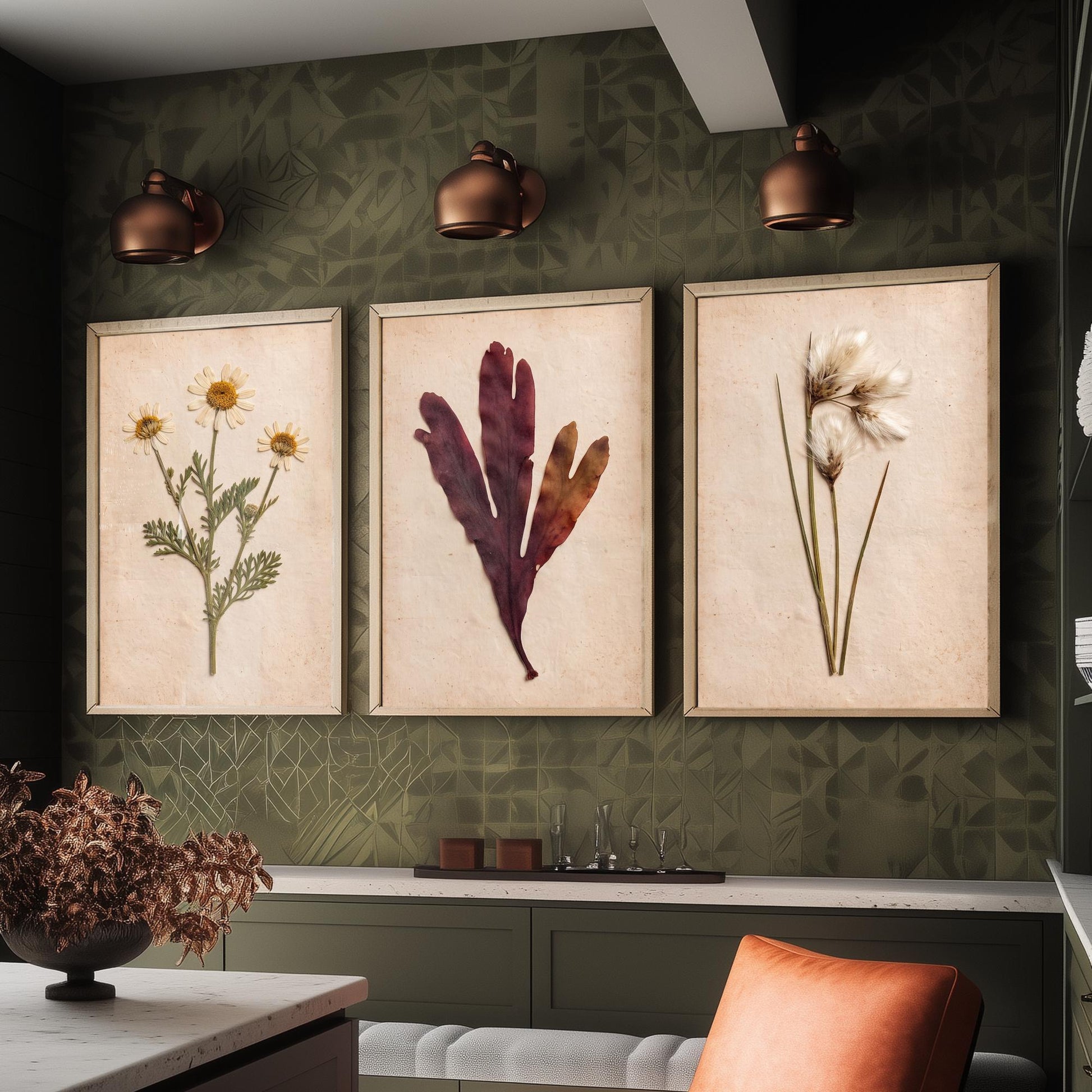 Shetland Shoreline Set of Three Art Prints - Sea Mayweed Dulse Seaweed Cotton Grass - Pressed Coastal Botanical Poster Photo