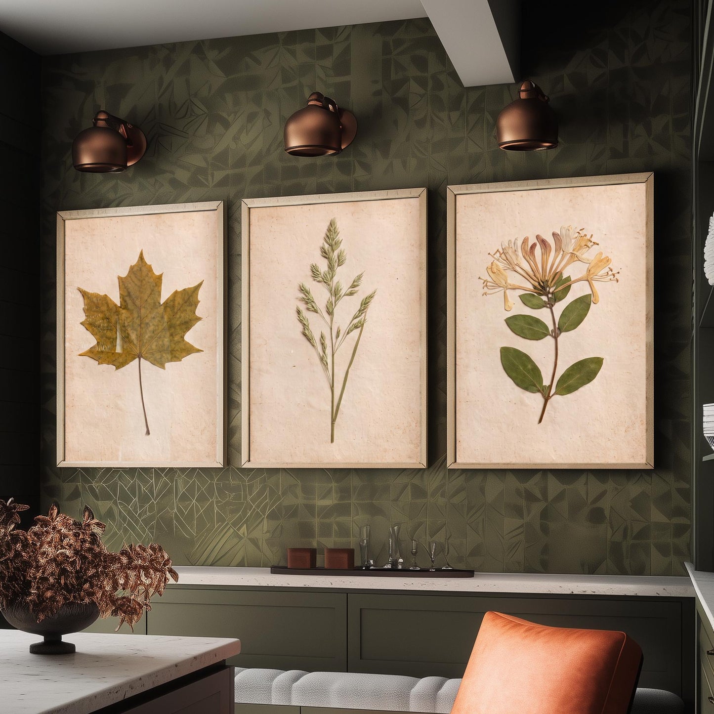 Pressed Botanicals Set of Three Art Prints - Sycamore Leaf Meadow Grass Honeysuckle - Vintage Hedgerow Herbarium Poster Photo