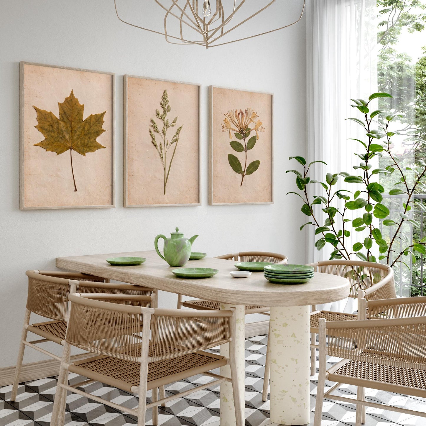 Pressed Botanicals Set of Three Art Prints - Sycamore Leaf Meadow Grass Honeysuckle - Vintage Hedgerow Herbarium Poster Photo