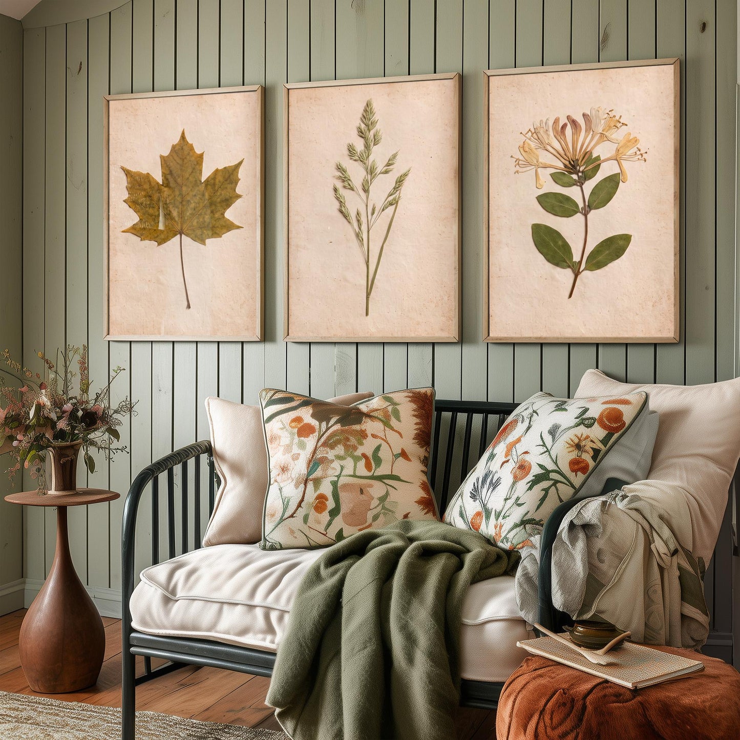 Pressed Botanicals Set of Three Art Prints - Sycamore Leaf Meadow Grass Honeysuckle - Vintage Hedgerow Herbarium Poster Photo
