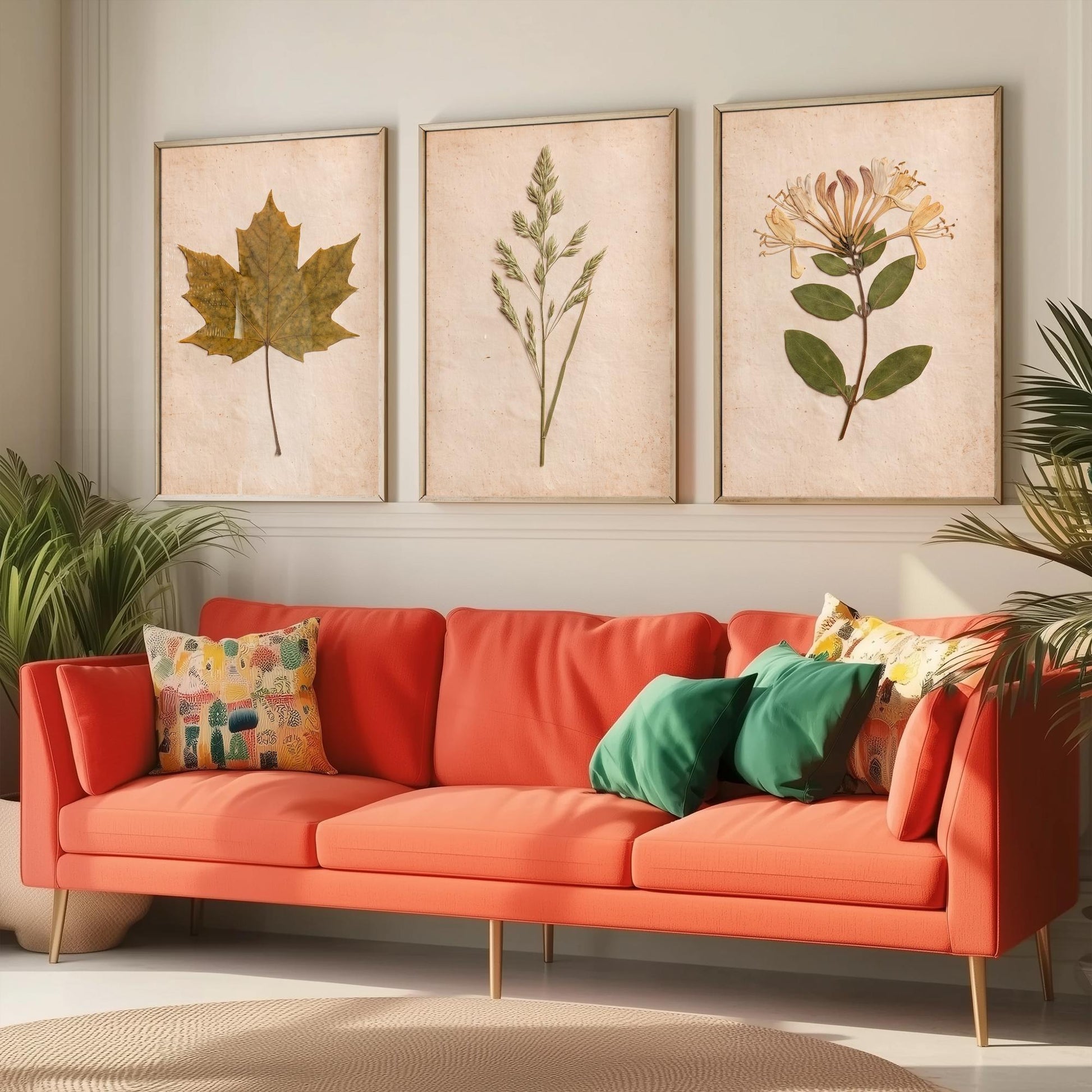 Pressed Botanicals Set of Three Art Prints - Sycamore Leaf Meadow Grass Honeysuckle - Vintage Hedgerow Herbarium Poster Photo