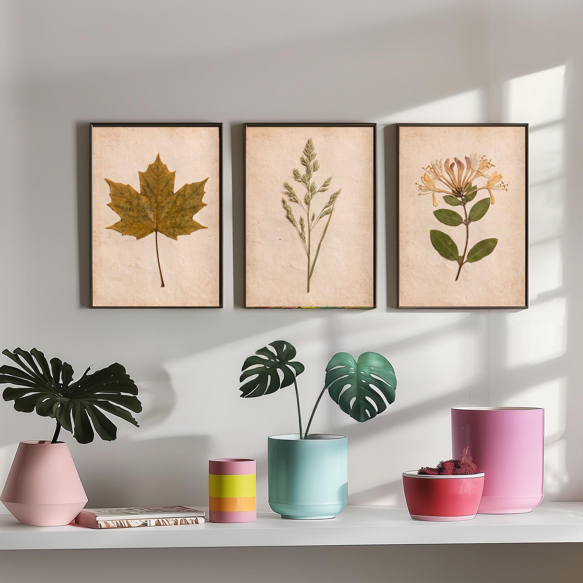 Pressed Botanicals Set of Three Art Prints - Sycamore Leaf Meadow Grass Honeysuckle - Vintage Hedgerow Herbarium Poster Photo