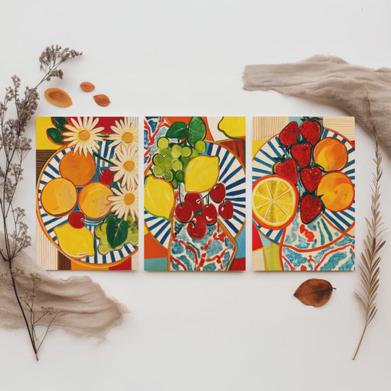Mediterranean Fruit Set of Three Kitchen Art Prints - Matisse Style Fruit Plates - Bold Poster Wall Art Painting Gift Decor