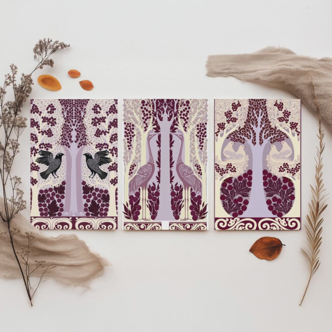 Scottish Book of the Woodlands Art Prints - Set of Three Plum & Lilac Forest Posters - Raven and Crane Paintings V7