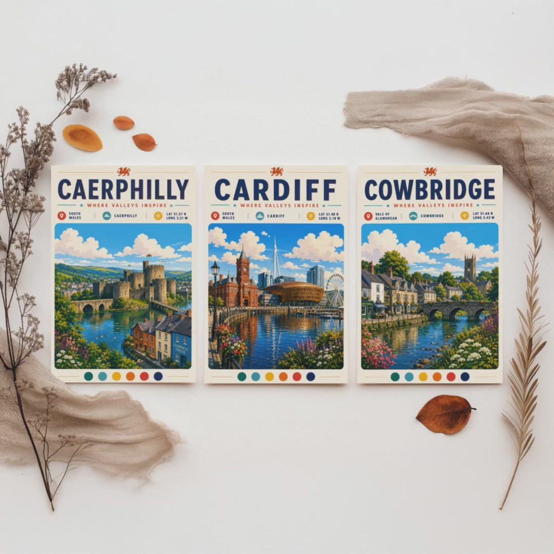 Wales Set of Three Travel Posters - Caerphilly, Cardiff, Cowbridge - South Wales Art Print Illustration Gift Welsh Decor