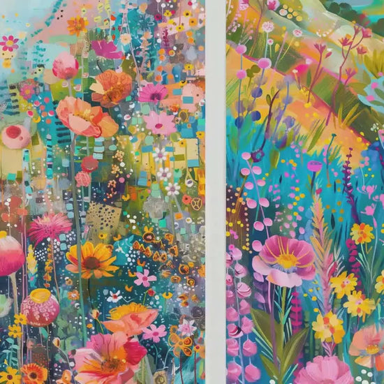 Fields and Flower Meadows in Pastel Collage - Set of Three Art Print Poster - 3 Painting Illustrations Wildlife Wildflower Décor Summer