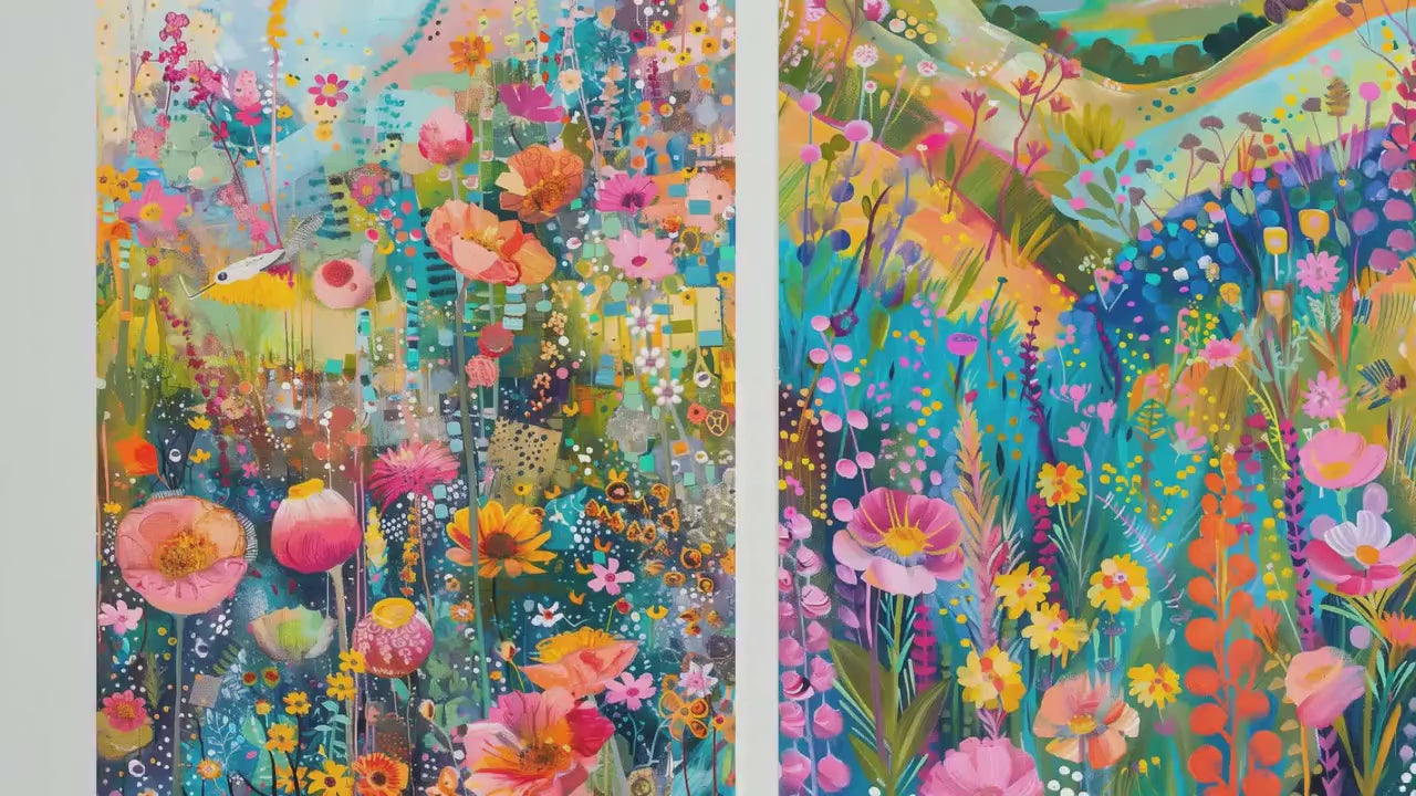 Fields and Flower Meadows in Pastel Collage - Set of Three Art Print Poster - 3 Painting Illustrations Wildlife Wildflower Décor Summer