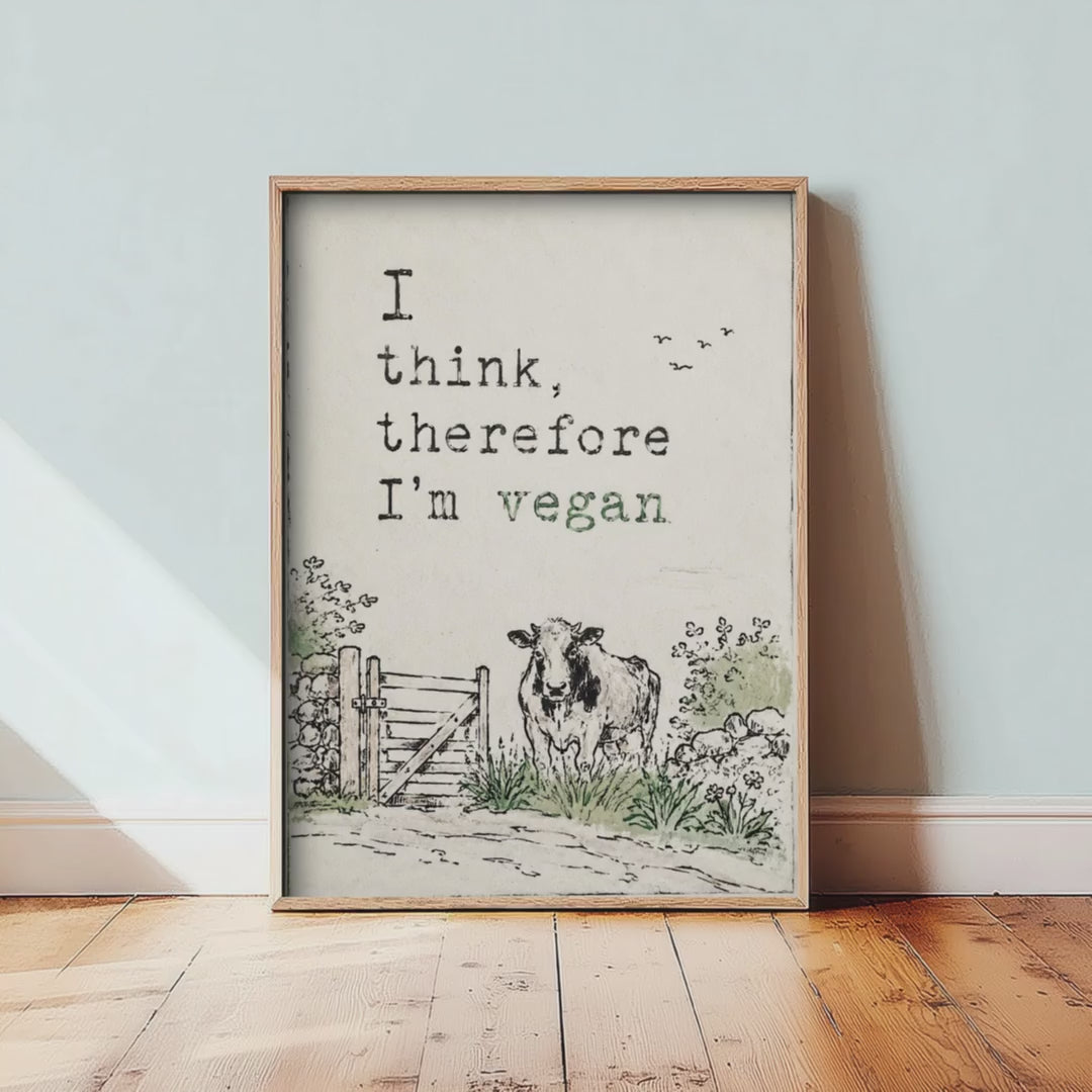 I Think Therefore I'm Vegan Art Print - Storybook Vegan Quote Poster - Cow Watercolour 2/3