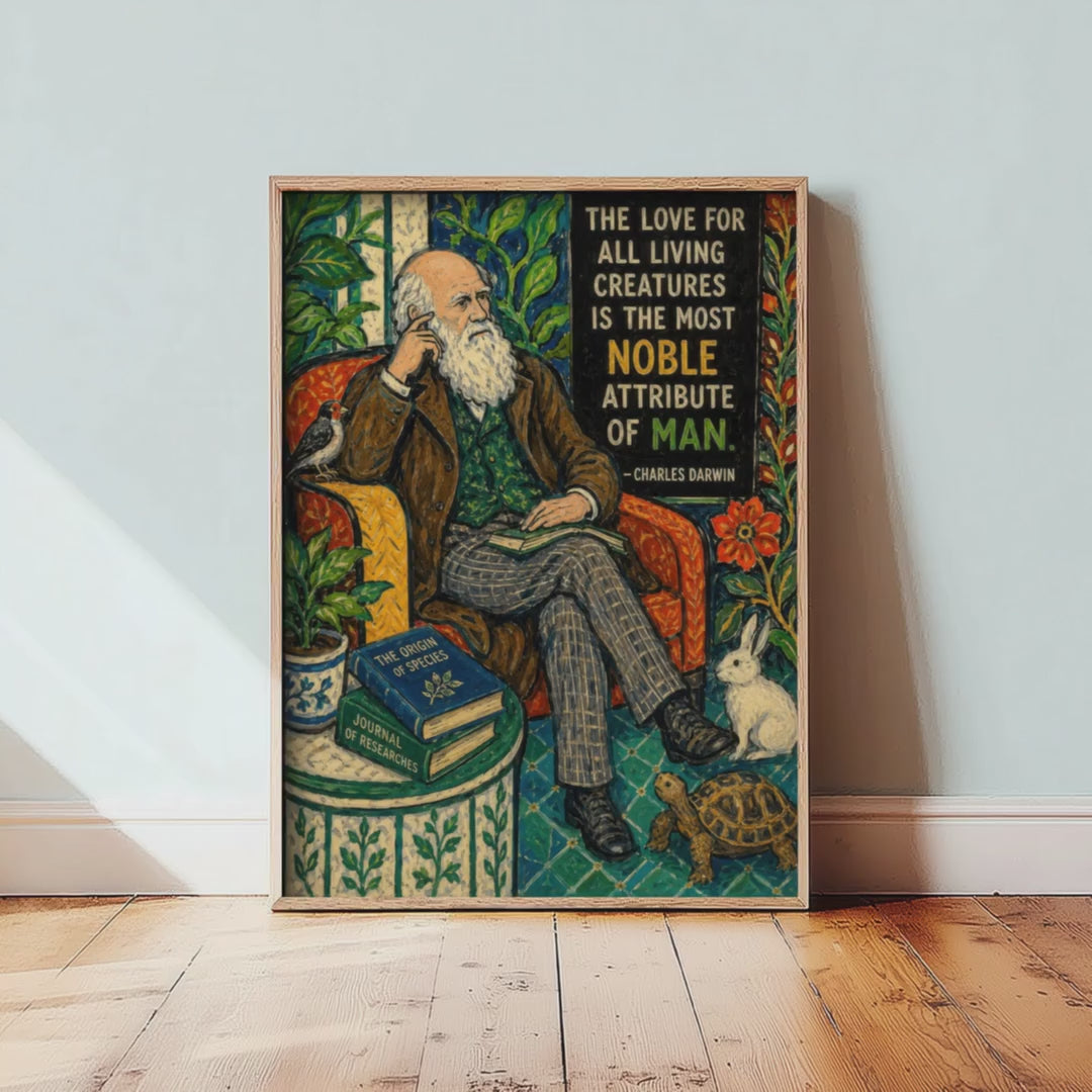 Charles Darwin Quote Art Print - Love for All Living Creatures Vegan Poster - Folk Art Illustration 2/3