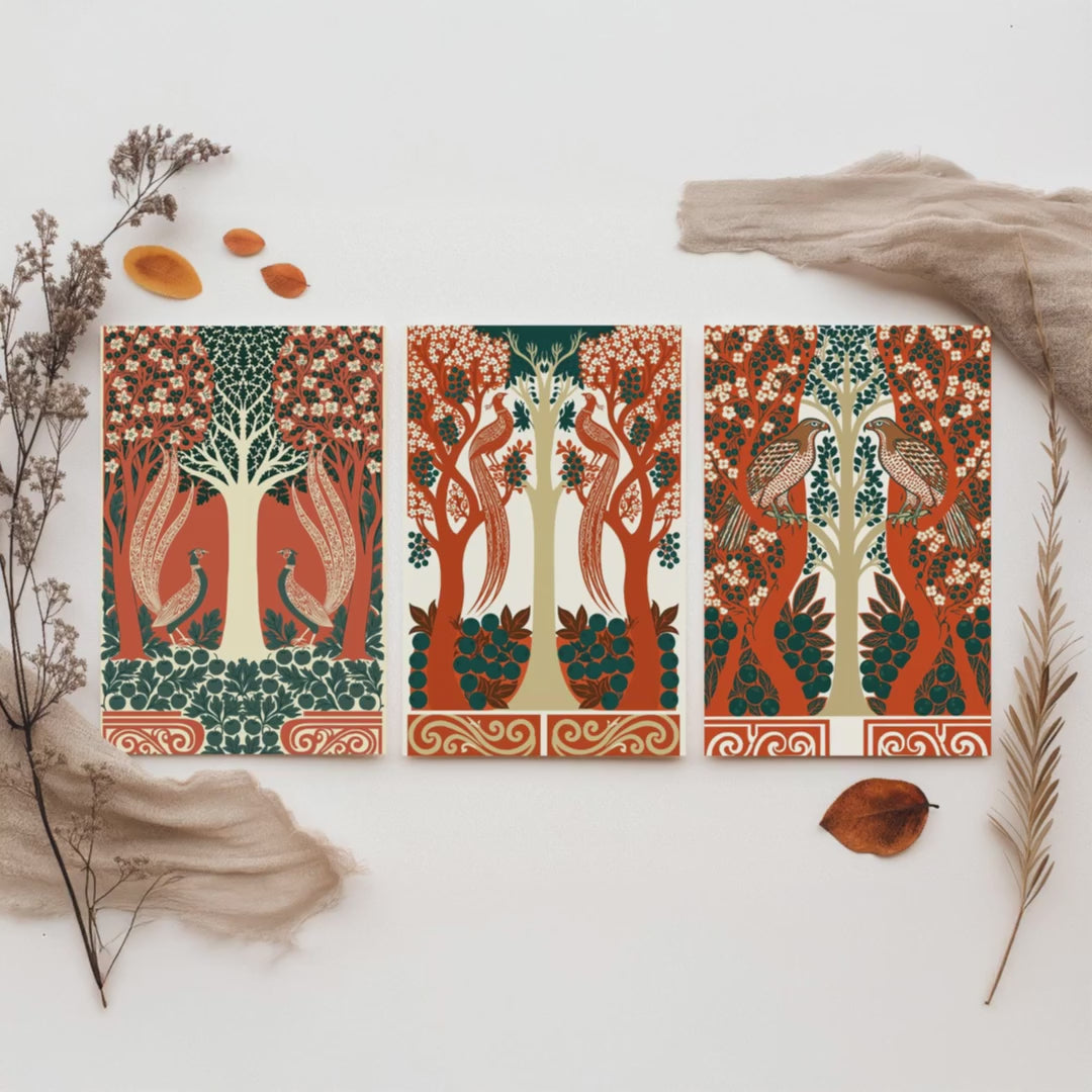 Scottish Book of the Woodlands Art Prints - Set of Three Terracotta & Teal Forest Posters - Pheasant and Hawk Paintings V8