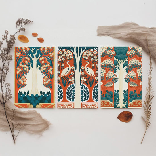 Scottish Book of the Woodlands Art Prints - Set of Three Orange & Teal Forest Posters - Heron and Robin Paintings V12