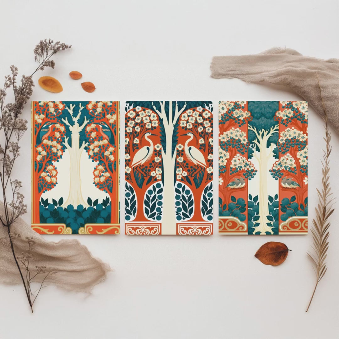 Scottish Book of the Woodlands Art Prints - Set of Three Orange & Teal Forest Posters - Heron and Robin Paintings V12