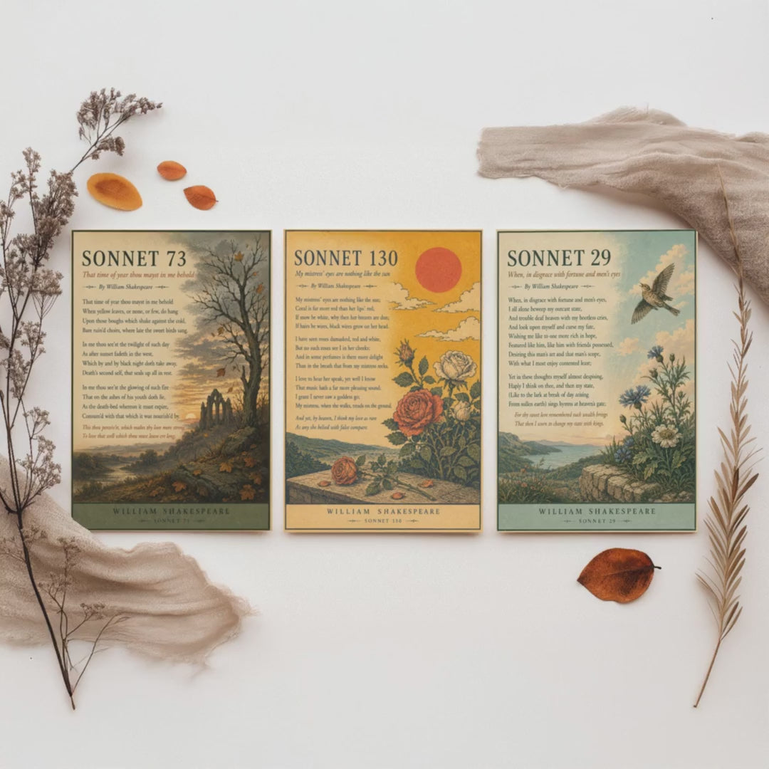 Set of Three Shakespeare Sonnet Art Prints - Sonnet 73, 130 & 29 - Antique Poem Poster Wall Art Gift Illustration Literary Decor