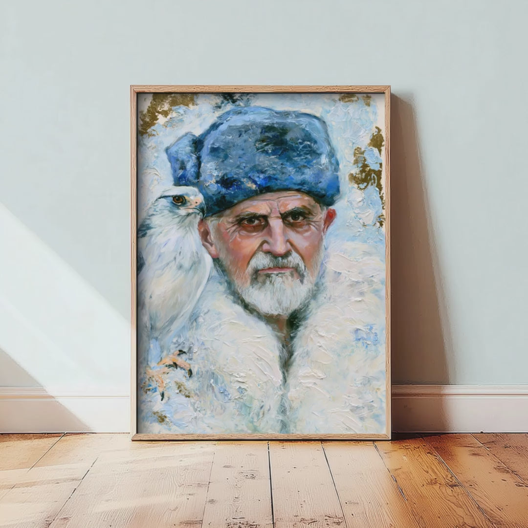 Mongolian Eagle Hunter Art Print - Falconry Hawk Painting - Kazakh Portrait Poster V3