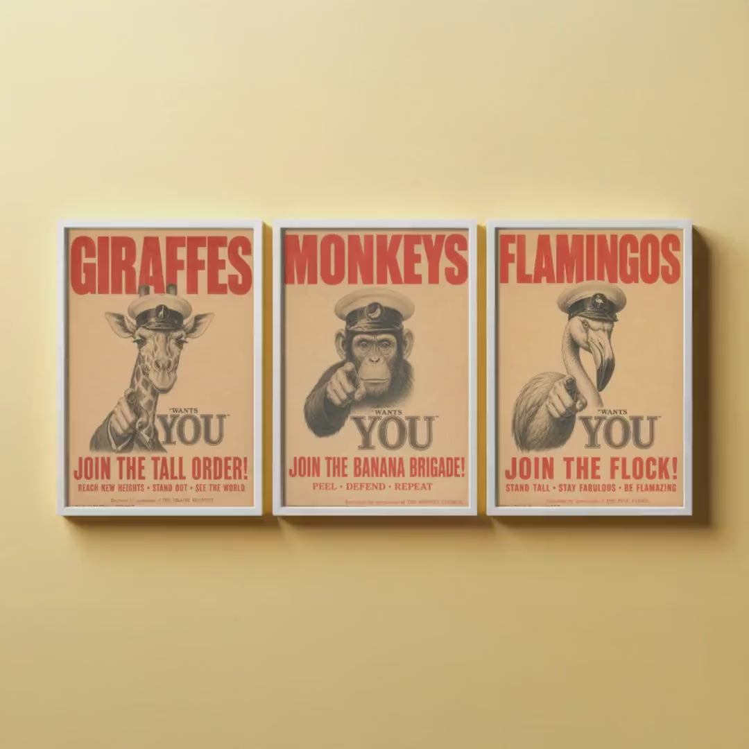 Funny Animal Recruitment Set of Three Prints | Giraffe Monkey Flamingo Wants You | Vintage Propaganda Style Wall Art Poster