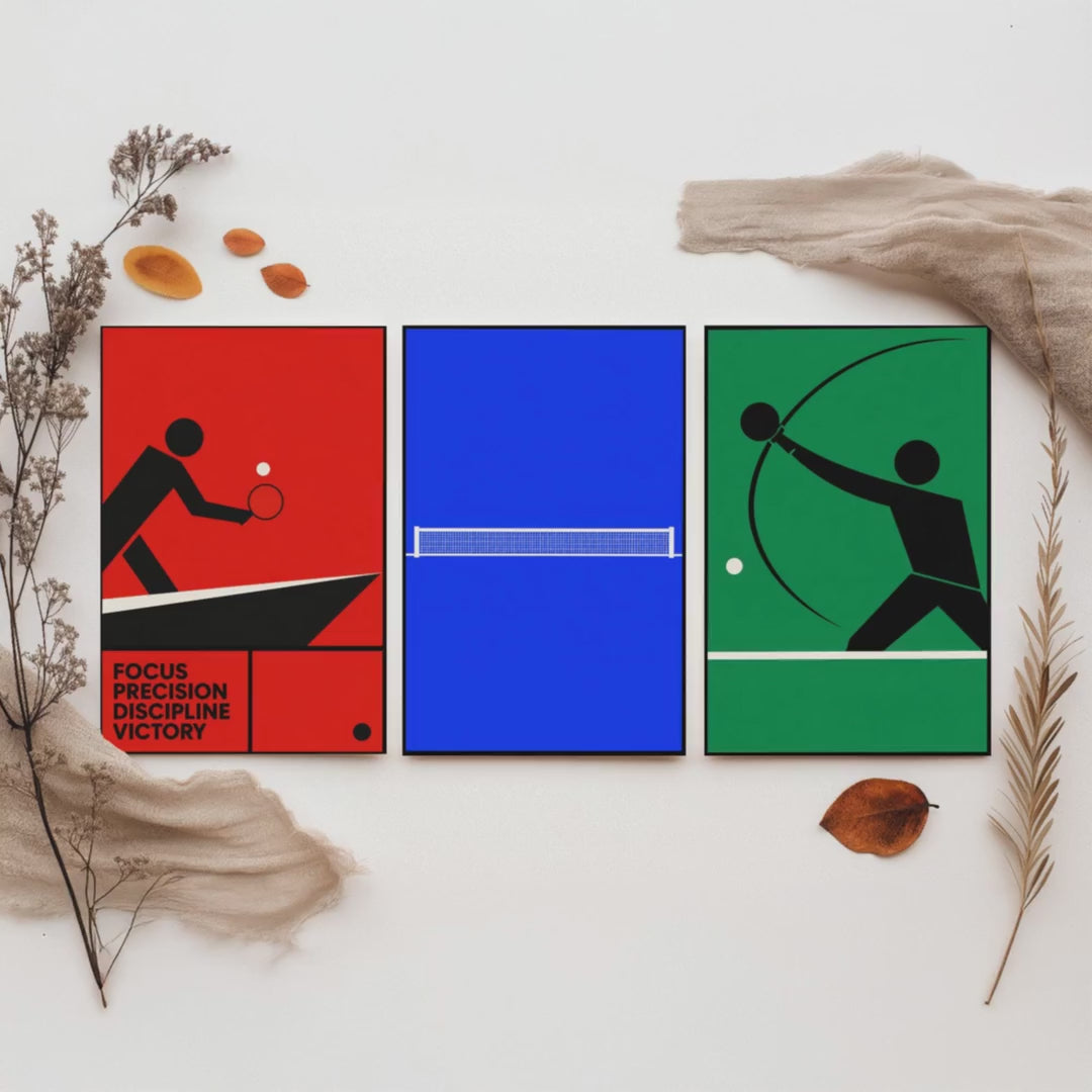 Table Tennis Set of Three Art Prints - 3 Bauhaus Ping Pong Posters - Minimalist Sport Wall Art Illustration Gift V1
