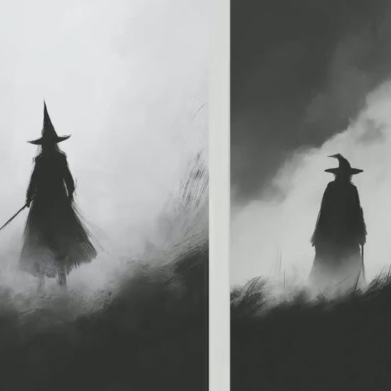 Witches in Halloween Fog Set of Three Art Prints - 3 Spooky Cloak Paintings - Poster Wall Gift Giclée Holiday Creepy Horror B&W Greyscale