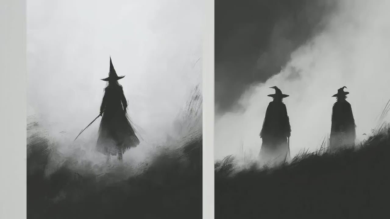 Witches in Halloween Fog Set of Three Art Prints - 3 Spooky Cloak Paintings - Poster Wall Gift Giclée Holiday Creepy Horror B&W Greyscale