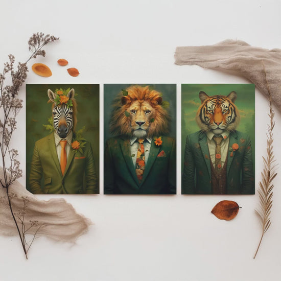 Animals in Suits Set of Three Art Prints - Zebra, Lion, Tiger Paintings - Whimsical Poster Wall Art Gift Giclee Portrait Decor