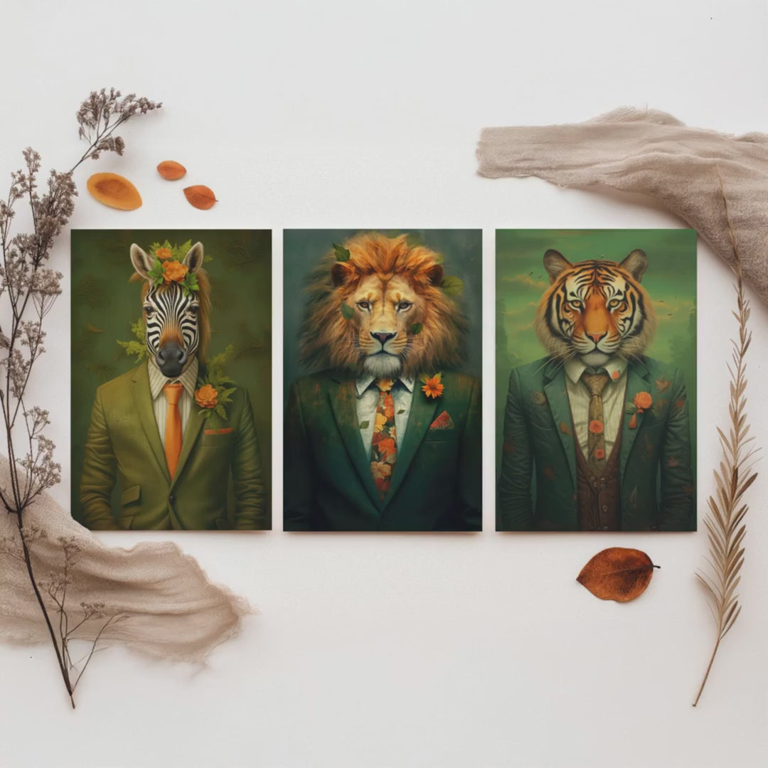Animals in Suits Set of Three Art Prints - Zebra, Lion, Tiger Paintings - Whimsical Poster Wall Art Gift Giclee Portrait Decor