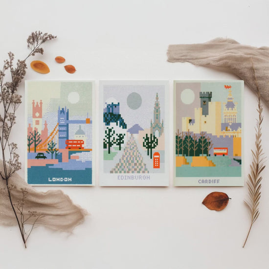 Pixel Cities Set of Three Travel Posters - London, Edinburgh, Cardiff - UK Pixel Art Print Illustration Gift Retro Decor