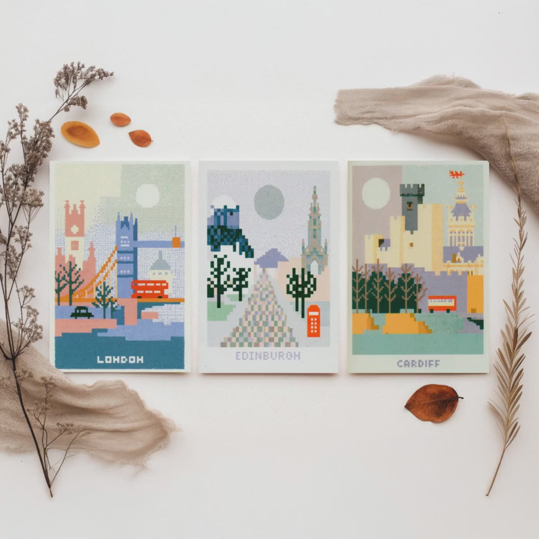 Pixel Cities Set of Three Travel Posters - London, Edinburgh, Cardiff - UK Pixel Art Print Illustration Gift Retro Decor