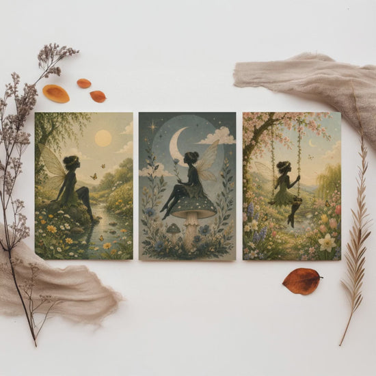 Fairy & Moon Botanical Set of Three Art Prints - Storybook Fairy Painting - Magical Floral Poster Wall Art Gift Decor V3