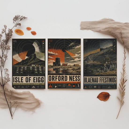 Set of Three Travel Posters - Isle of Eigg, Orford Ness, Blaenau Ffestiniog - Retro Art Print Illustration Gift Wall Decor