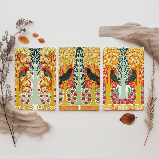 Scottish Book of the Woodlands Art Prints - Set of Three Red & Gold Forest Posters - Blackbird and Apple Tree Paintings V6
