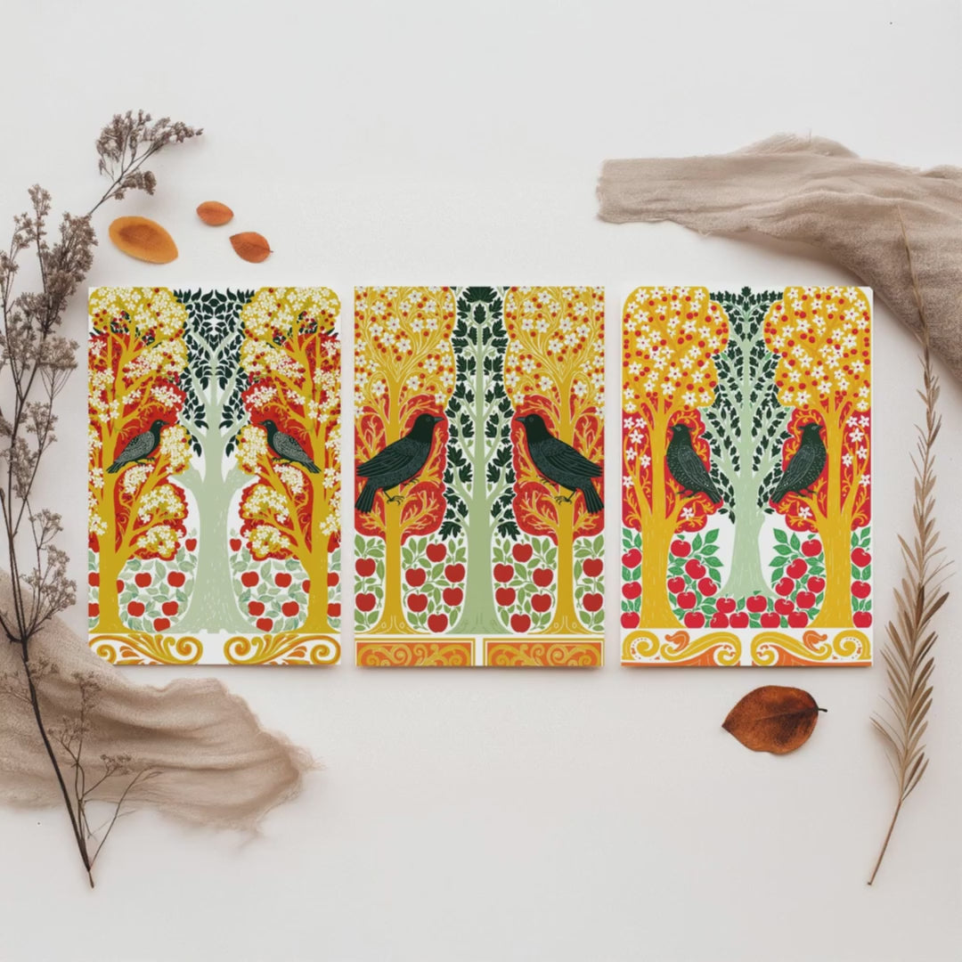 Scottish Book of the Woodlands Art Prints - Set of Three Red & Gold Forest Posters - Blackbird and Apple Tree Paintings V6