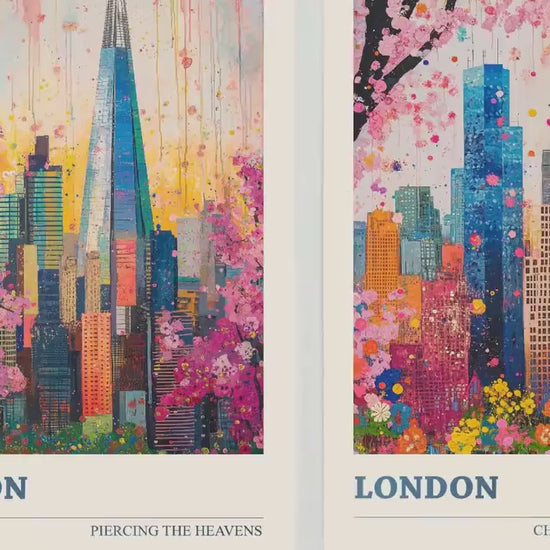 London Cherry Blossom Skylines Set of Three Art Prints - Iconic Skyscrapers with Pink Trees - 3 Posters Painting Illustration Gift Visit