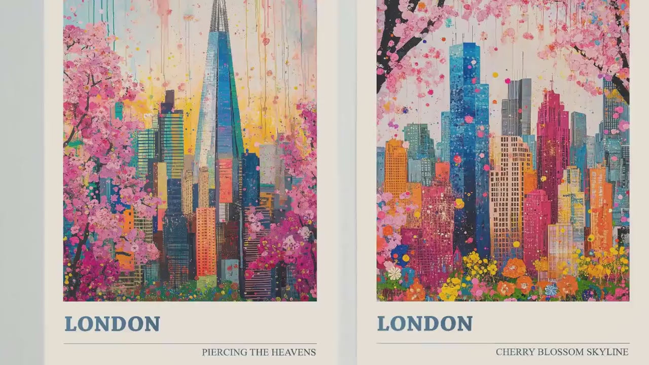 London Cherry Blossom Skylines Set of Three Art Prints - Iconic Skyscrapers with Pink Trees - 3 Posters Painting Illustration Gift Visit