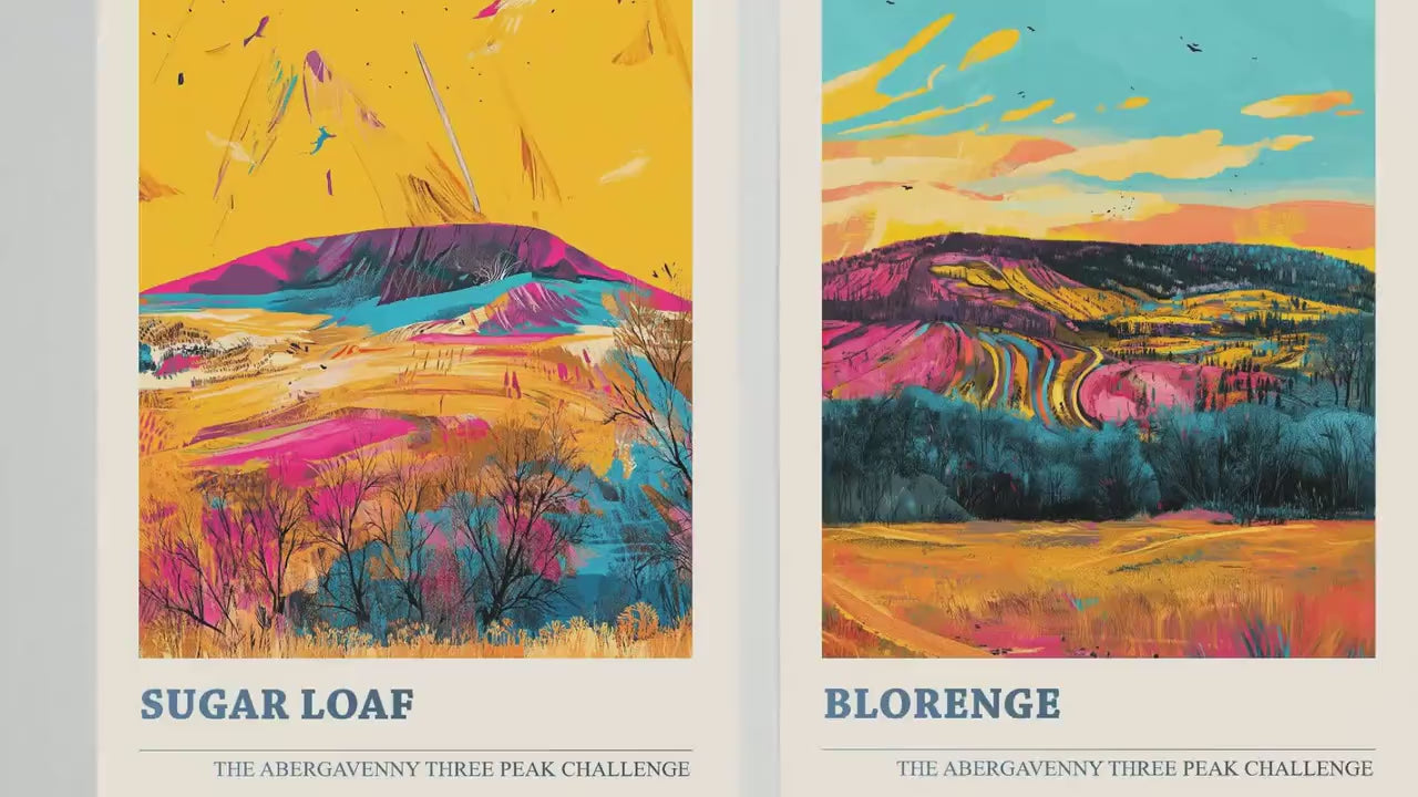 The Abergavenny Three Peaks Challenge - Set of Three Art Prints - 3 Posters - Sugar Loaf, Skirrid & Blorenge Mountain Painting Ludwig Flow