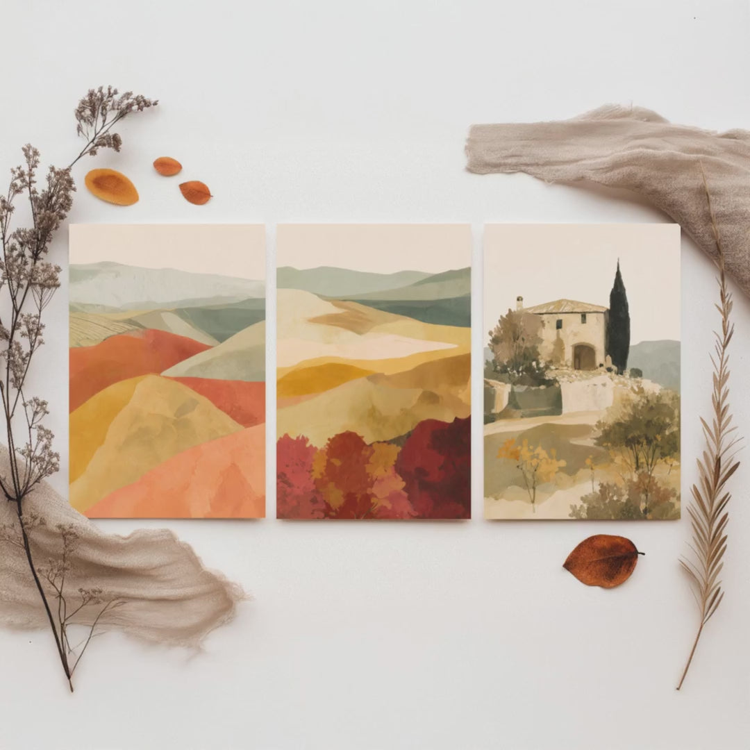 Set of Three Tuscany Landscape Art Prints - Rolling Hills & Italian Villa - Boho Mediterranean Poster Painting Gift Decor V2