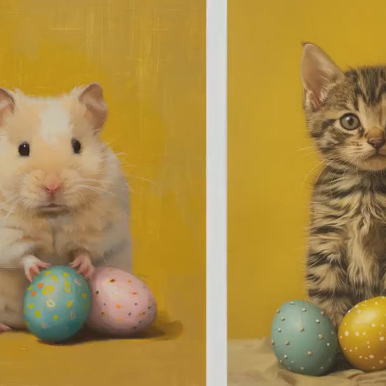 Set of Three Easter Animal Prints - 3 Yellow Paintings Photo Poster Wall Art Gift Giclée Museum Quality - Hamster Kitten Cat Puppy Dog Eggs