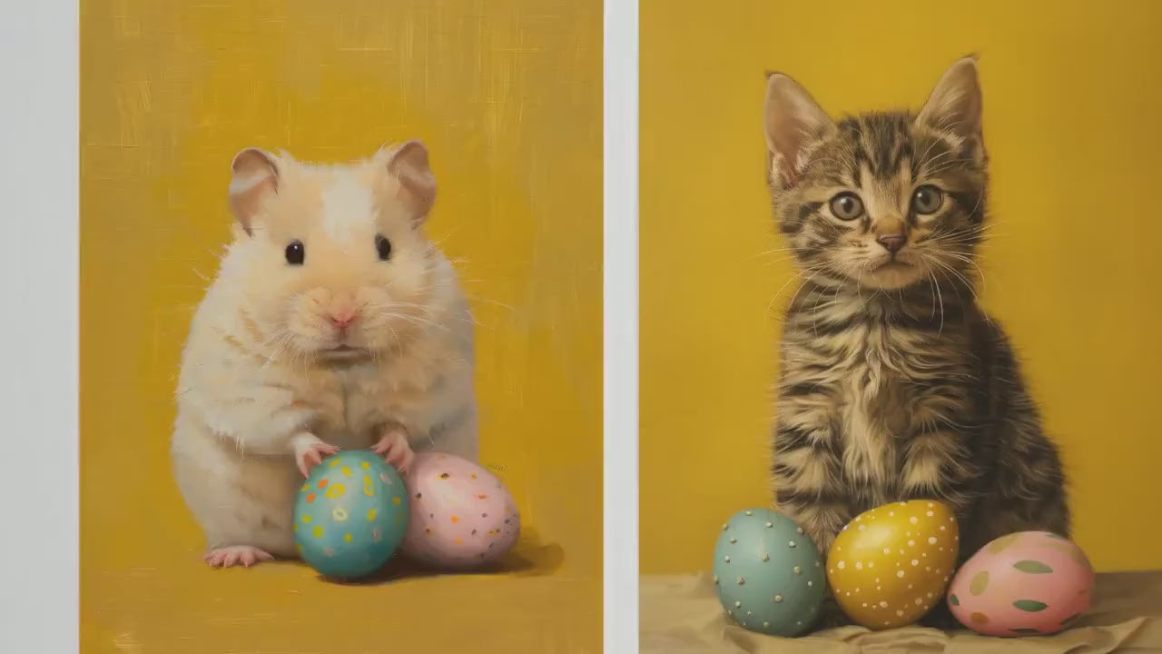 Set of Three Easter Animal Prints - 3 Yellow Paintings Photo Poster Wall Art Gift Giclée Museum Quality - Hamster Kitten Cat Puppy Dog Eggs