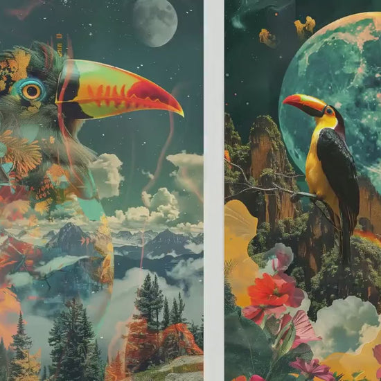 Set of Three Toucan Art Prints - Double Exposure Wildlife Posters - Animal Photo Painting Artistic Nature Woodland Bird Colourful Jungle