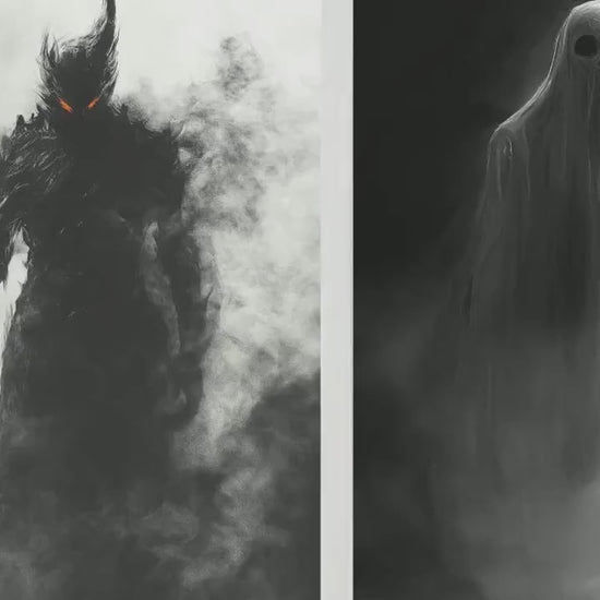 Nightmares in Halloween Fog Set of Three Art Prints - 3 Demon, Ghost and Grim Reaper Paintings - Poster Wall Gift Giclée Holiday Greyscale