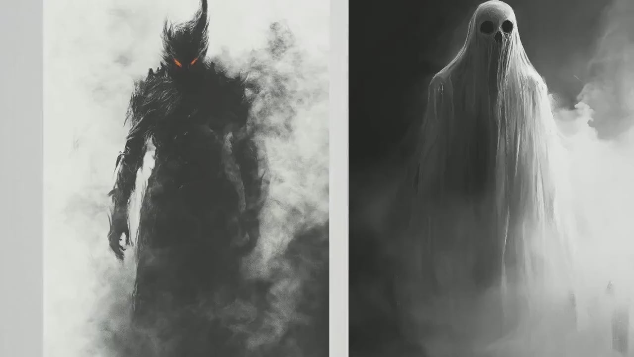 Nightmares in Halloween Fog Set of Three Art Prints - 3 Demon, Ghost and Grim Reaper Paintings - Poster Wall Gift Giclée Holiday Greyscale