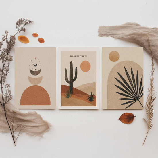Western Desert Abstract Set of Three Art Prints - Cactus, Sun & Palm Boho Wall Art - Terracotta Poster Painting Decor V1