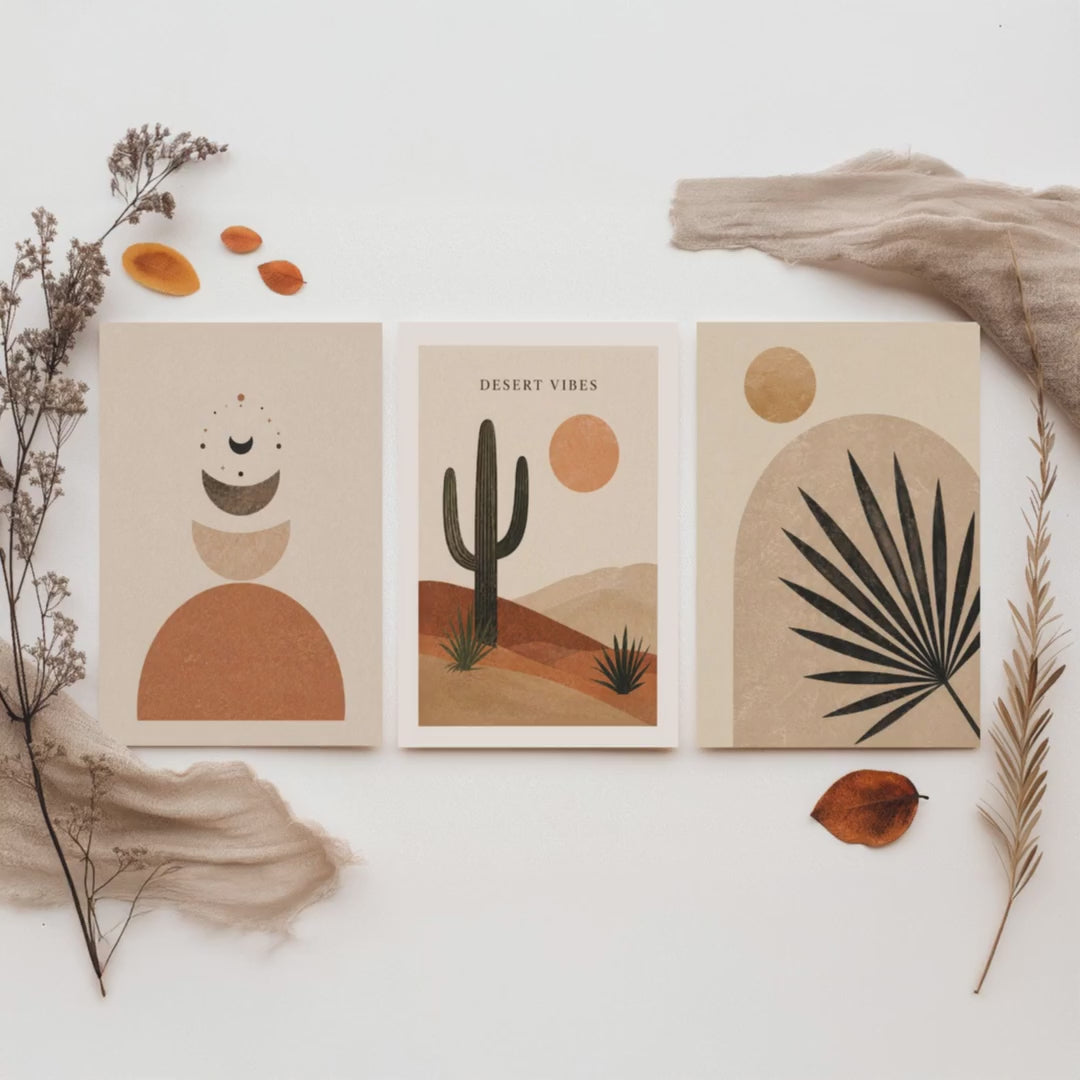 Western Desert Abstract Set of Three Art Prints - Cactus, Sun & Palm Boho Wall Art - Terracotta Poster Painting Decor V1