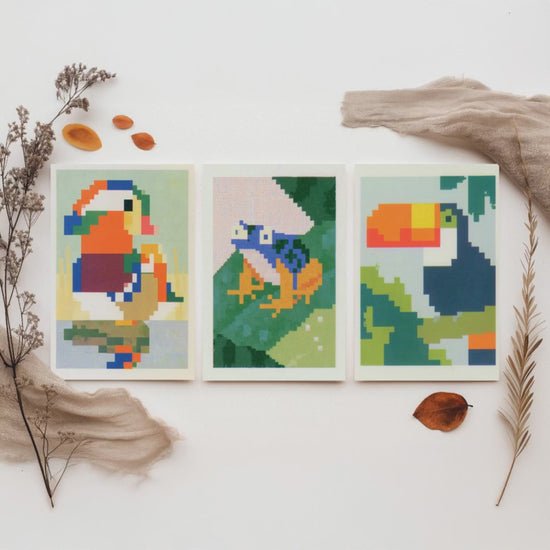 Pixel Animals Set of Three Art Prints - Mandarin Duck, Poison Dart Frog, Toucan - Pixel Art Poster Wall Art Gift Illustration